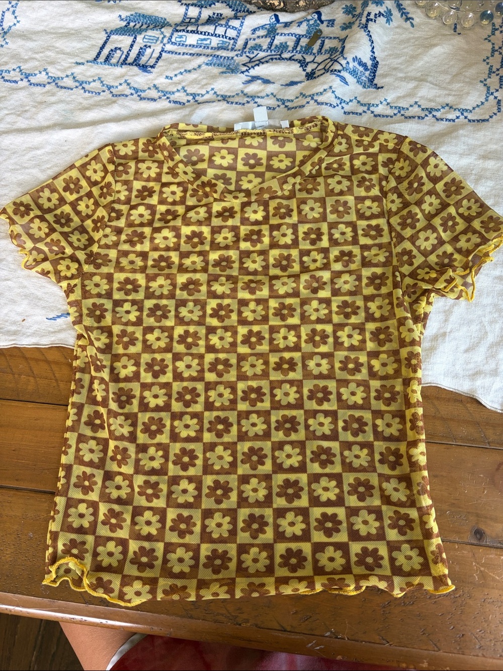 gaze Yellow and Brown Floral Check Tee Top